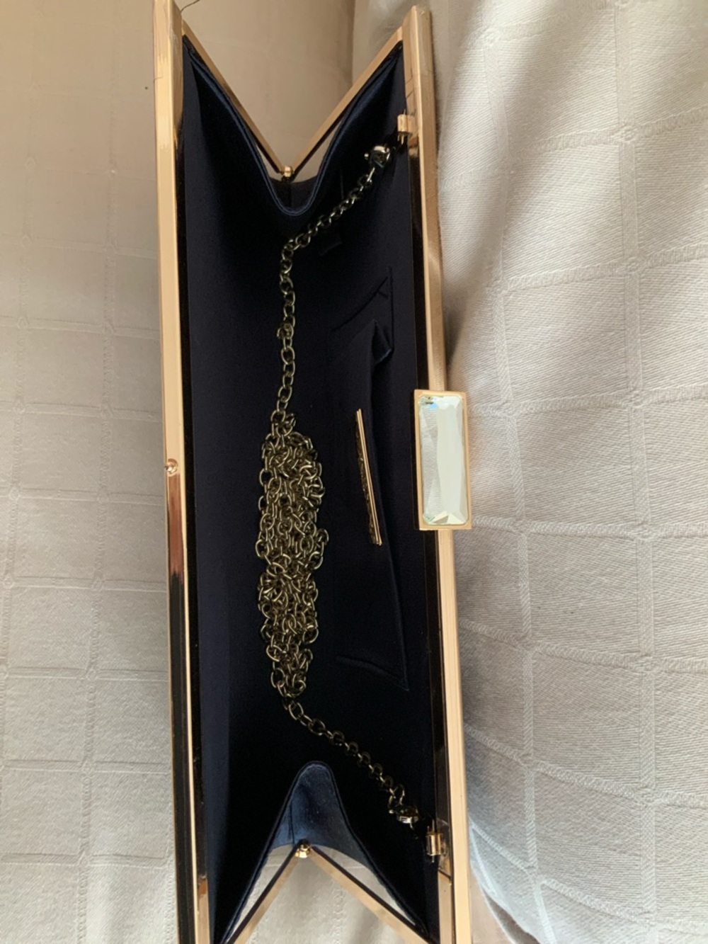 Elegant Navy Blue satinClutch with Gold Chain - Picture 3 of 5
